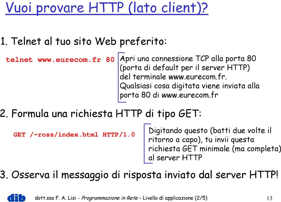eurecom.fr 2. Formula una richiesta HTTP di tipo GET: GET /~ross/index.html HTTP/1.