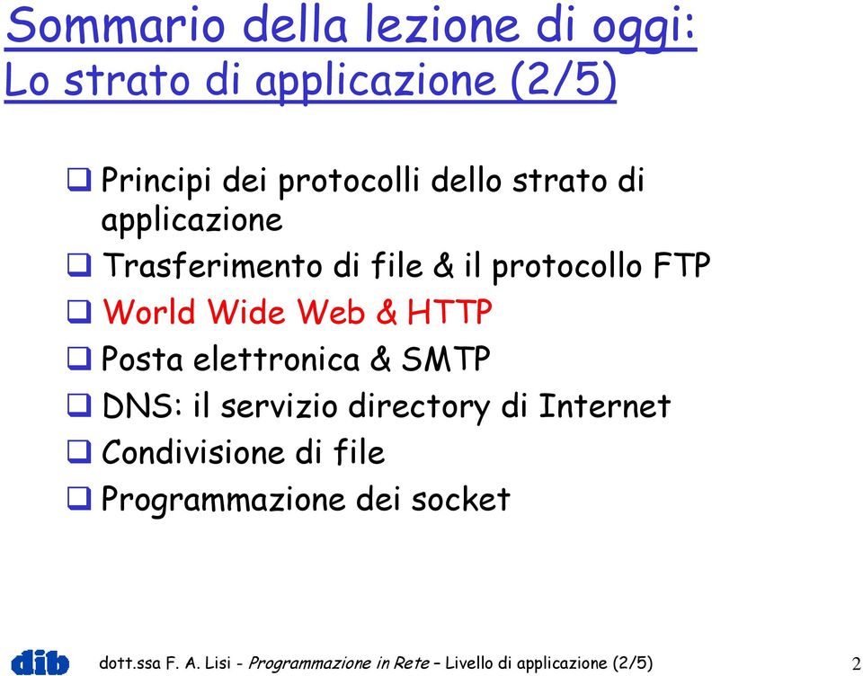 HTTP Posta elettronica & SMTP DNS: il servizio directory di Internet Condivisione di file