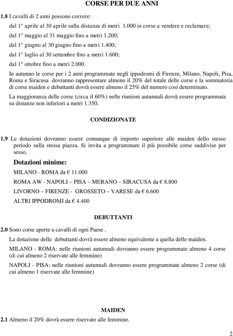 In autunno le corse per i 2 anni programmate negli ippodromi di Firenze, Milano, Napoli, Pisa, Roma e Siracusa dovranno rappresentare almeno il 20% del totale delle corse e la sommatoria di corse