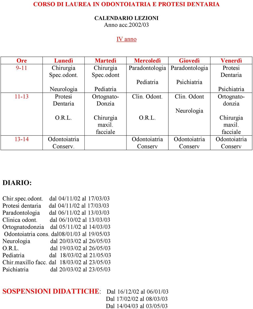 dal 04/11/02 al 17/03/03 dentaria dal 04/11/02 al 17/03/03 Paradontologia dal 06/11/02 al 13/03/03 Clinica odont. dal 06/10/02 al 13/03/03 Ortognatodonzia dal 05/11/02 al 14/03/03 cons.