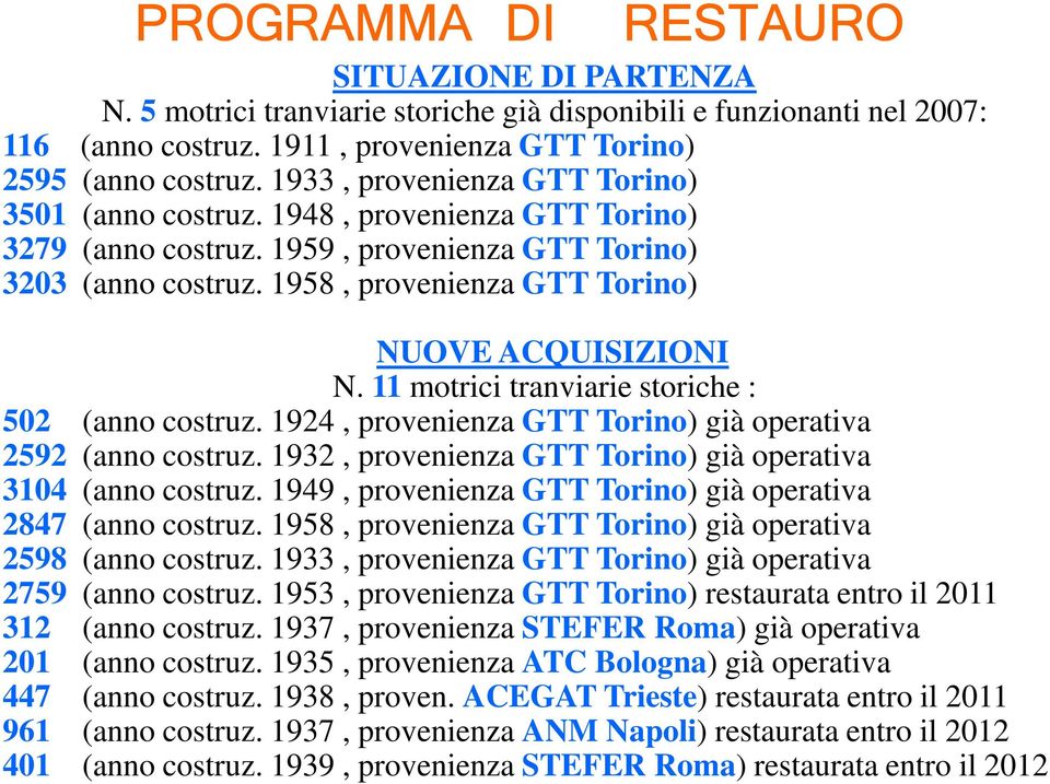 1958, provenienza GTT Torino) NUOVE ACQUISIZIONI N. 11 motrici tranviarie storiche : 502 (anno costruz. 1924, provenienza GTT Torino) già operativa 2592 (anno costruz.