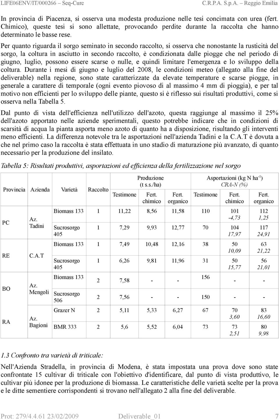 Per quanto riguarda il sorgo seminato in secondo raccolto, si osserva che nonostante la rusticità del sorgo, la coltura in asciutto in secondo raccolto, è condizionata dalle piogge che nel periodo di