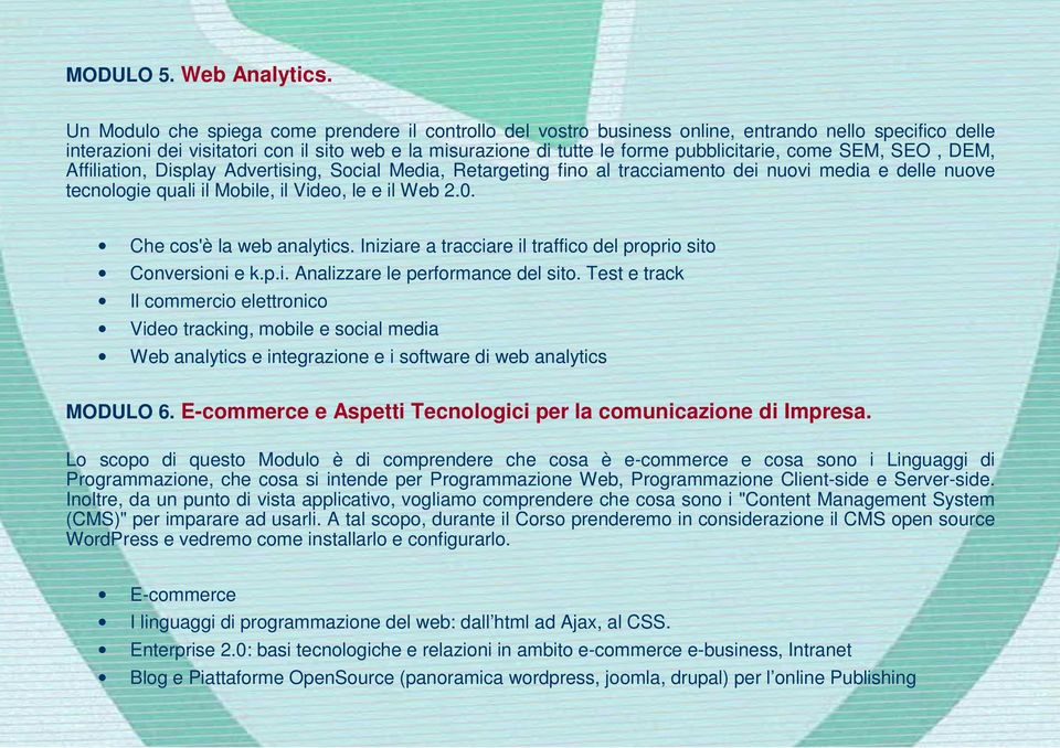 come SEM, SEO, DEM, Affiliation, Display Advertising, Social Media, Retargeting fino al tracciamento dei nuovi media e delle nuove tecnologie quali il Mobile, il Video, le e il Web 2.0.