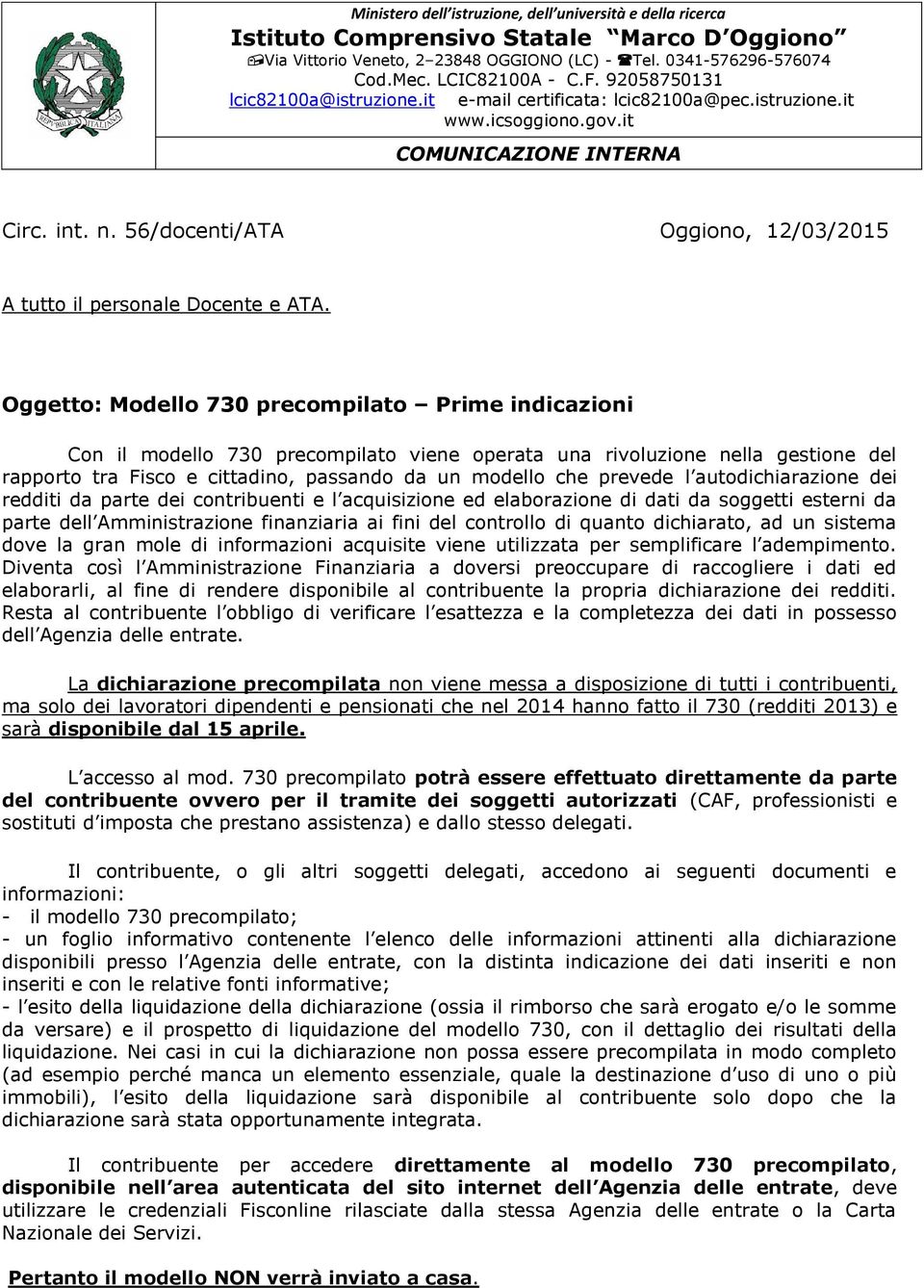 56/docenti/ATA Oggiono, 12/03/2015 A tutto il personale Docente e ATA.