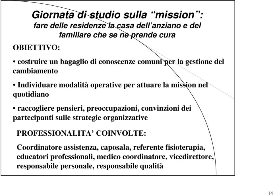 raccogliere pensieri, preoccupazioni, convinzioni dei partecipanti sulle strategie organizzative PROFESSIONALITA COINVOLTE: Coordinatore