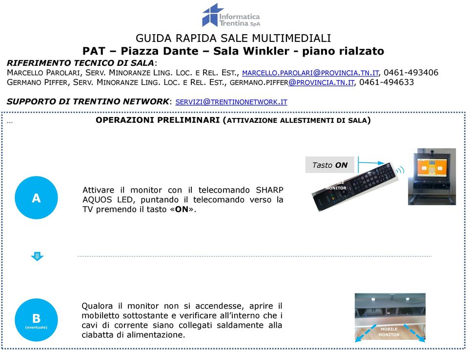 IT OPERAZIONI PRELIMINARI (ATTIVAZIONE ALLESTIMENTI DI SALA) ON A Attivare il monitor con il telecomando SHARP AQUOS LED, puntando il telecomando verso la TV premendo il tasto «ON».