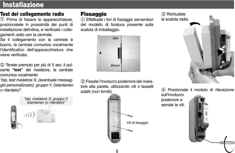 il pulsante test del rivelatore, la centrale comunica vocalmente: bip, test rivelatore X, (eventuale messaggio personalizzato), gruppo Y, (istantaneo o ritardato).