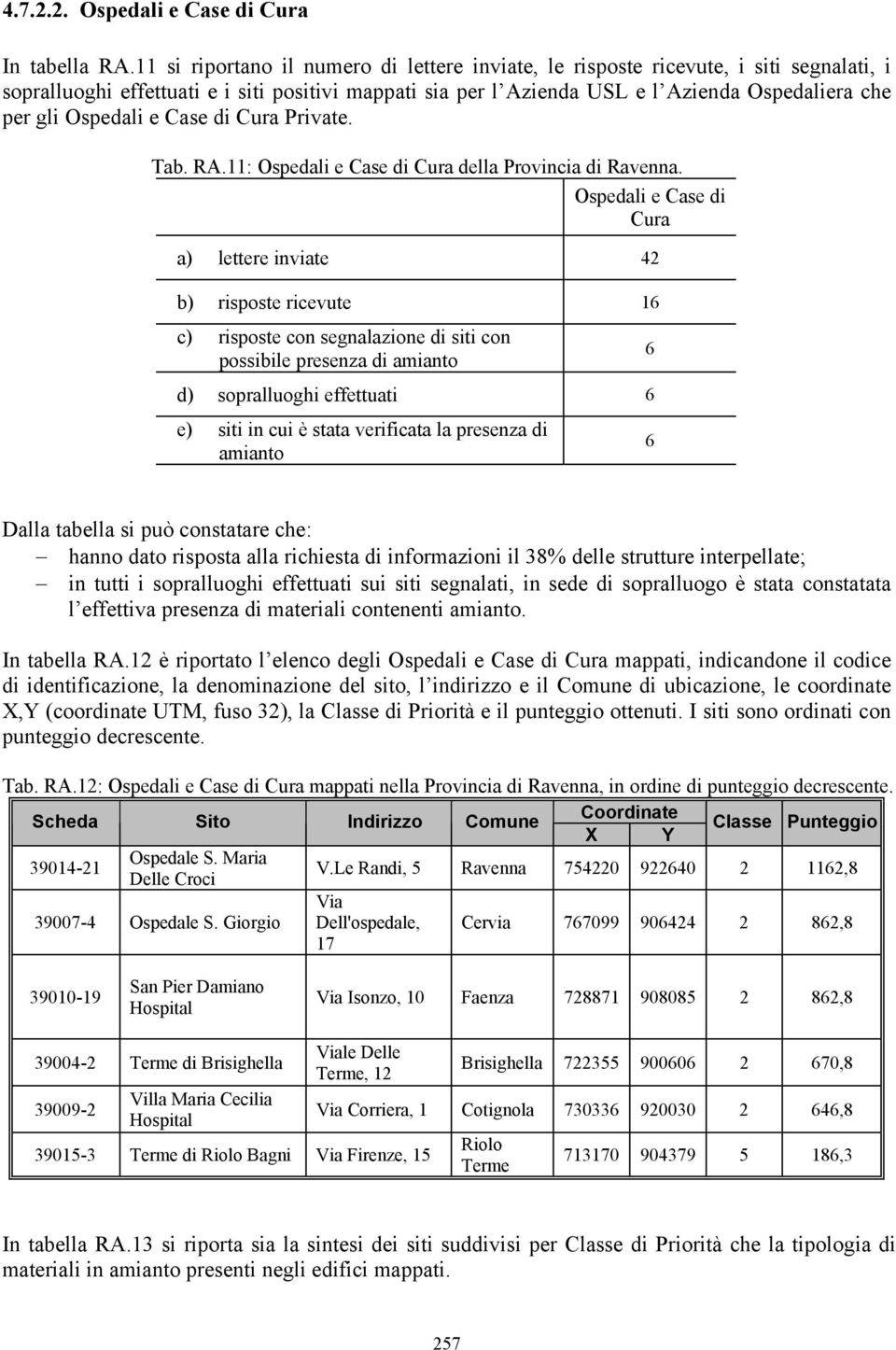 Ospedali e Case di Cura Private. Tab. RA.11: Ospedali e Case di Cura della Provincia di Ravenna.