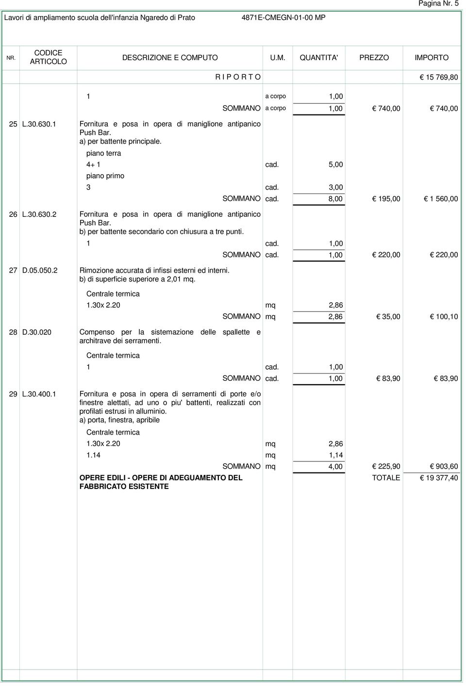 3,00 Fornitura e posa in opera di maniglione antipanico Push Bar. b) per battente secondario con chiusura a tre punti. SOMMANO cad.