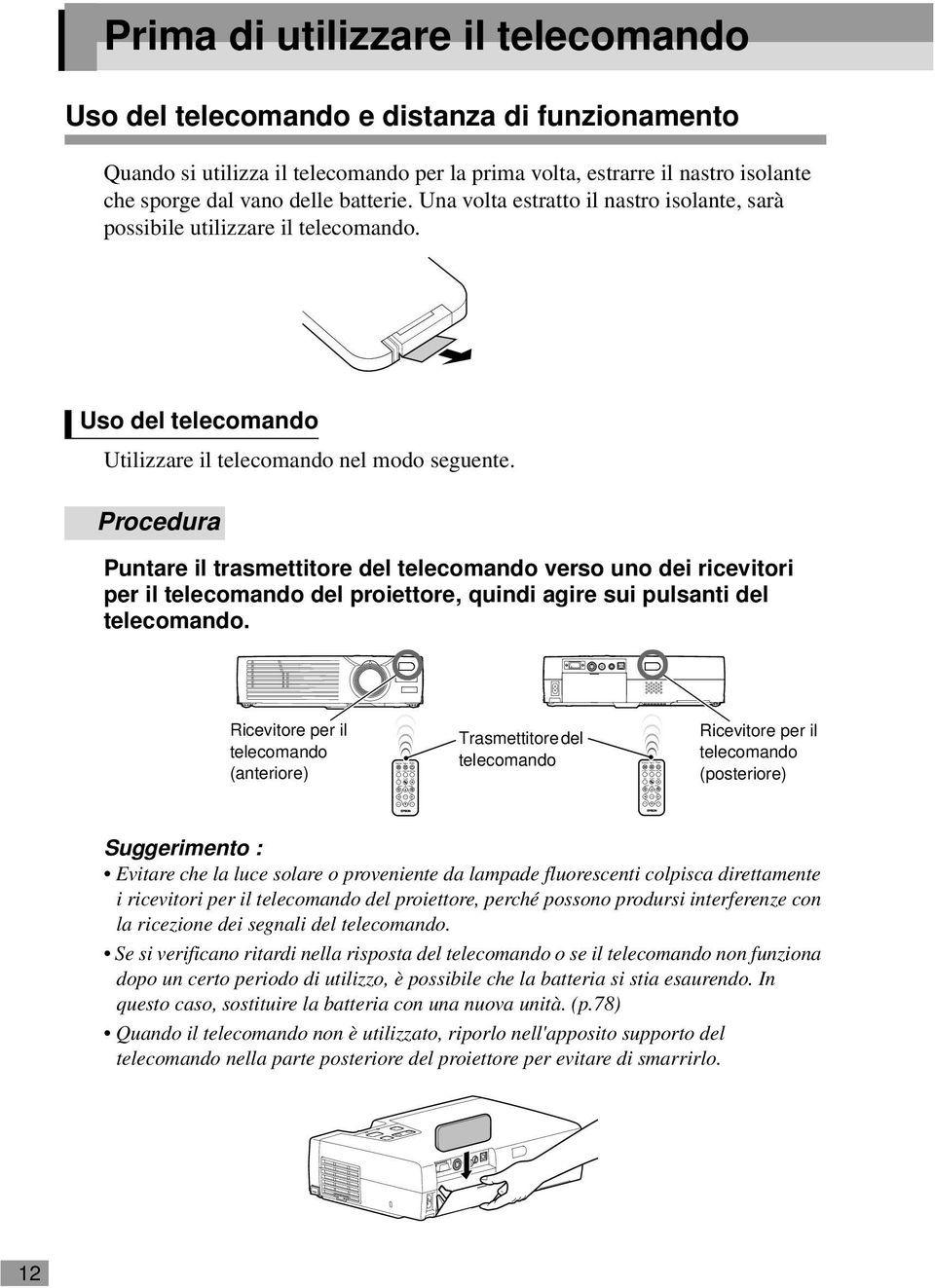 Una volta estratto il nastro isolante, sarà possibile utilizzare il telecomando. Uso del telecomando Utilizzare il telecomando nel modo seguente.