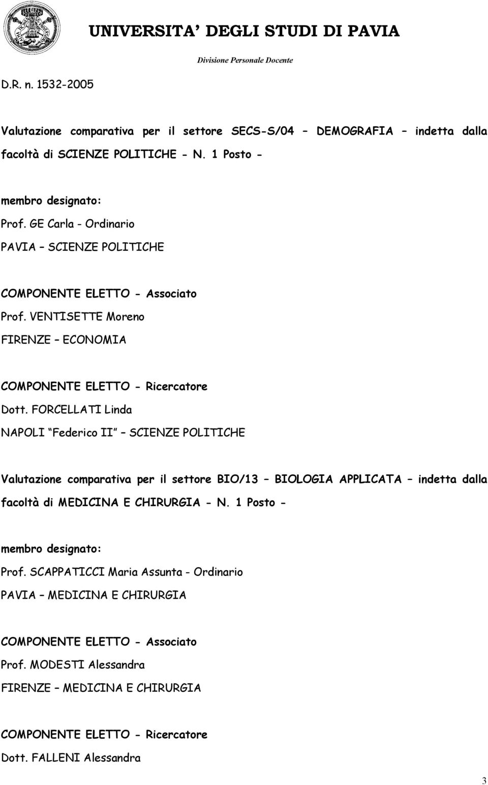 FORCELLATI Linda NAPOLI Federico II SCIENZE POLITICHE Valutazione comparativa per il settore BIO/13 BIOLOGIA APPLICATA indetta