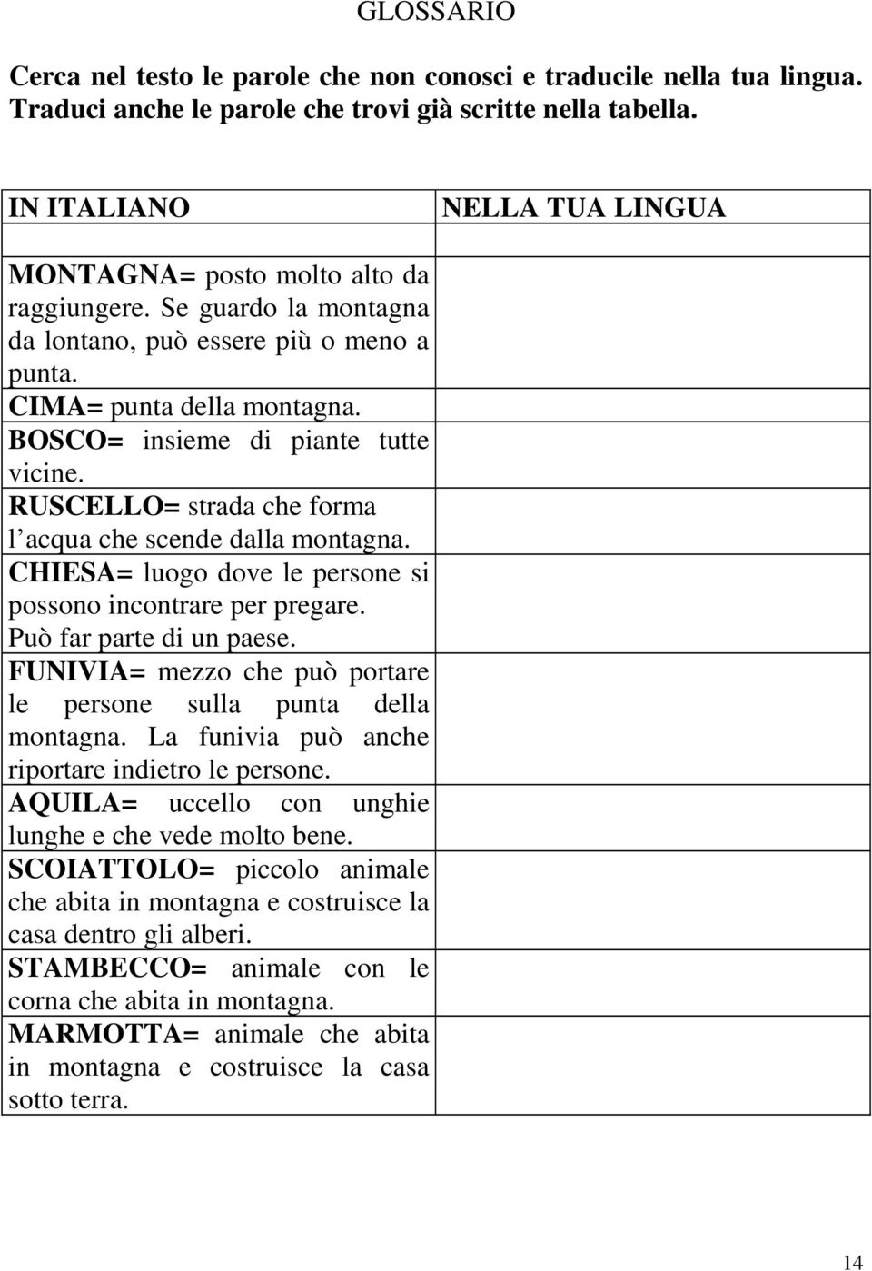 BOSCO= insieme di piante tutte vicine. RUSCELLO= strada che forma l acqua che scende dalla montagna. CHIESA= luogo dove le persone si possono incontrare per pregare. Può far parte di un paese.