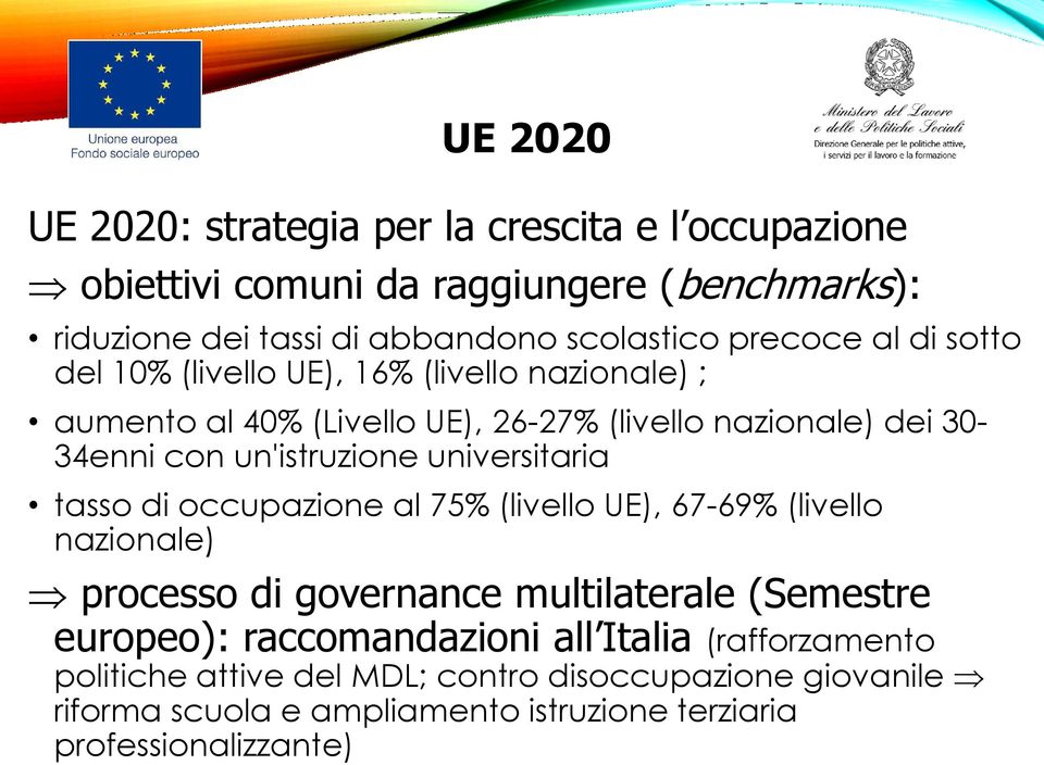 un'istruzione universitaria tasso di occupazione al 75% (livello UE), 67-69% (livello nazionale) processo di governance multilaterale (Semestre europeo):