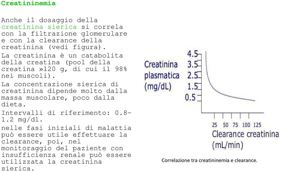 La concentrazione sierica di creatinina dipende molto dalla massa muscolare, poco dalla dieta. Intervalli di riferimento: 0.8 1.2 mg/dl.