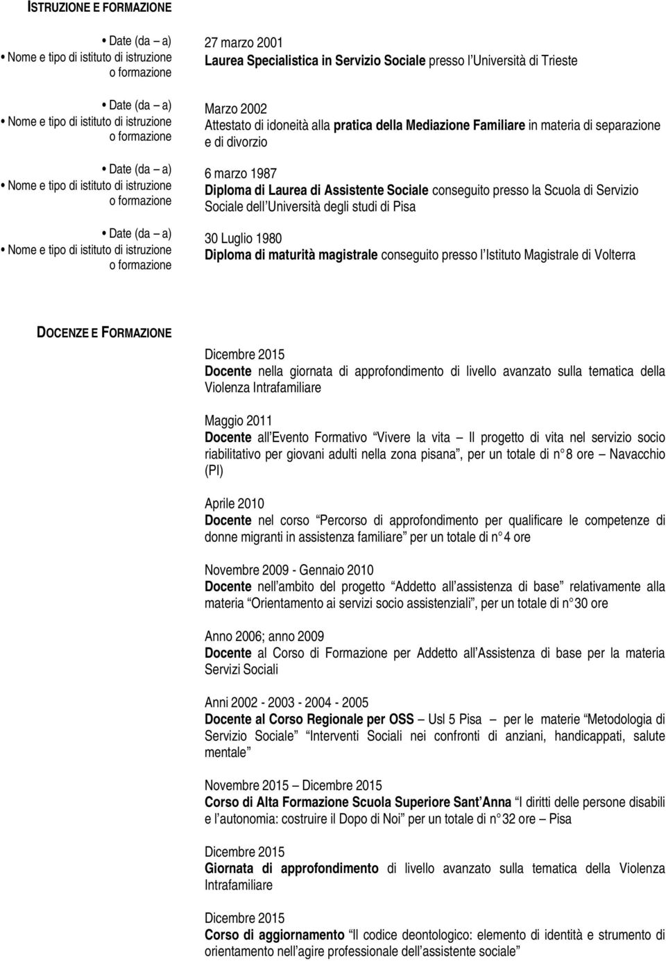 materia di separazione e di divorzio 6 marzo 1987 Diploma di Laurea di Assistente Sociale conseguito presso la Scuola di Servizio Sociale dell Università degli studi di Pisa 30 Luglio 1980 Diploma di