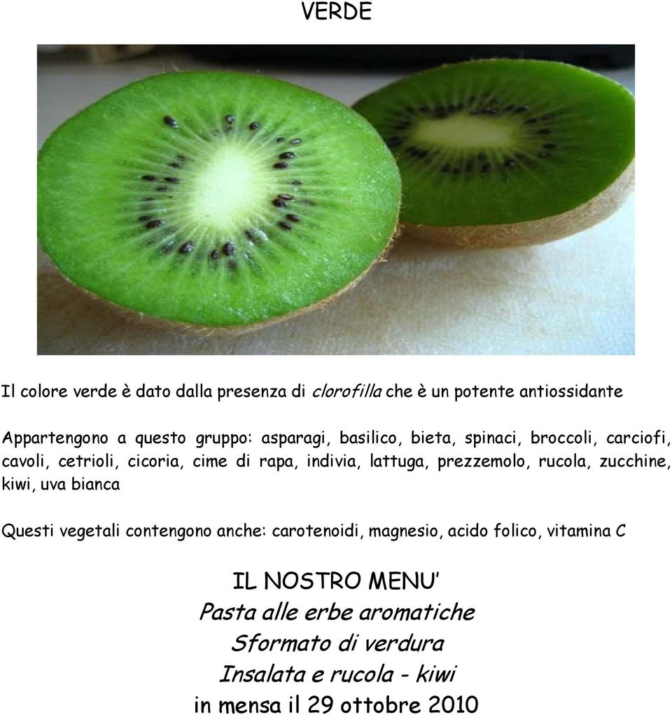 lattuga, prezzemolo, rucola, zucchine, kiwi, uva bianca Questi vegetali contengono anche: carotenoidi, magnesio,