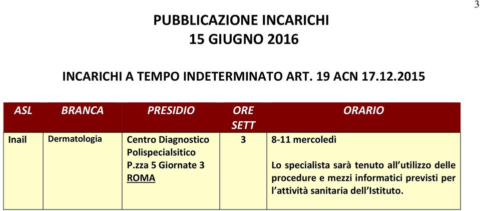 zza 5 Giornate 3 3 8-11 mercoledì Lo specialista sarà