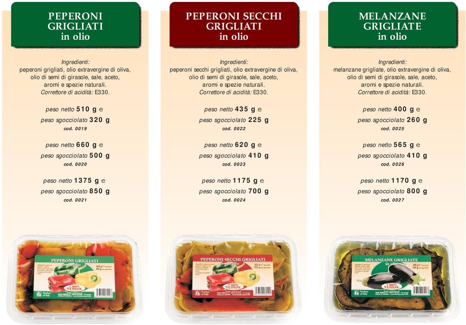 0021 peperoni secchi grigliati, olio extravergine di oliva, olio di semi di girasole, sale, aceto, aromi e spezie naturali. peso netto 435 g e peso sgocciolato 225 g cod.