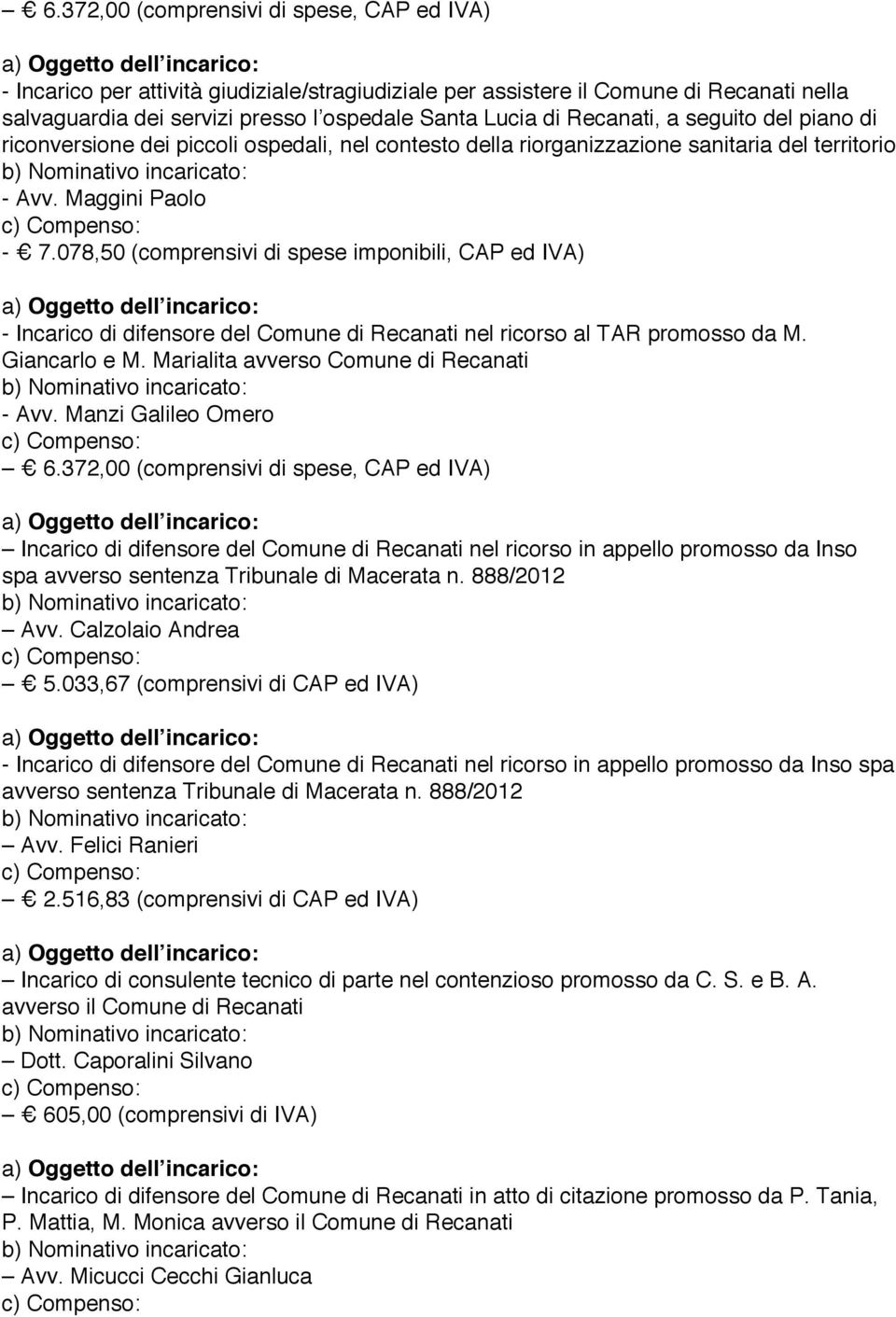 078,50 (comprensivi di spese imponibili, CAP ed IVA) - Incarico di difensore del Comune di Recanati nel ricorso al TAR promosso da M. Giancarlo e M. Marialita avverso Comune di Recanati - Avv.