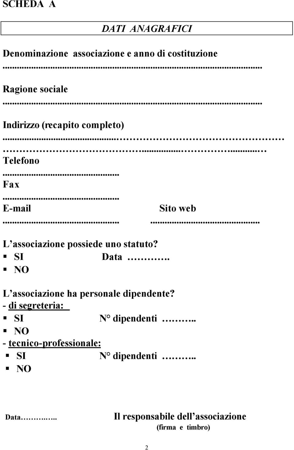 ..... L associazione possiede uno statuto? Data. L associazione ha personale dipendente?