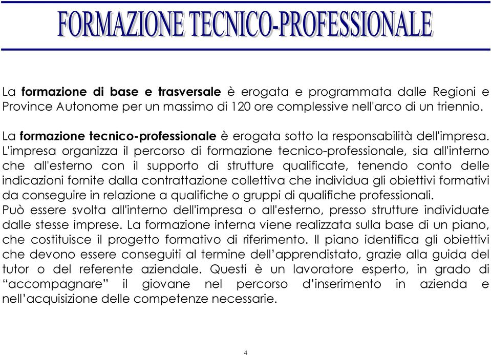 L'impresa organizza il percorso di formazione tecnico-professionale, sia all'interno che all'esterno con il supporto di strutture qualificate, tenendo conto delle indicazioni fornite dalla