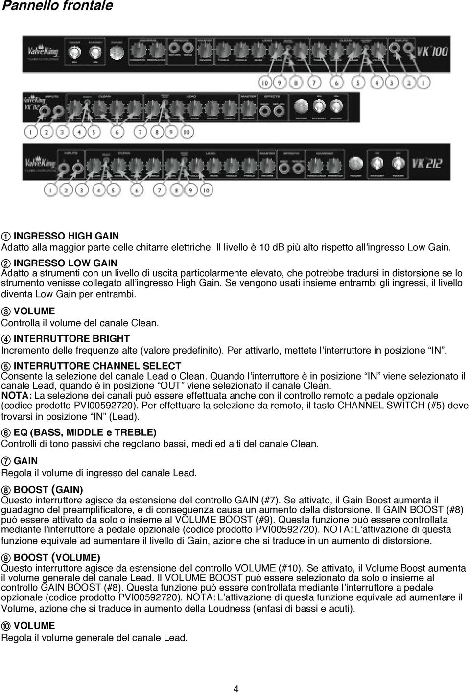 Se vengono usati insieme entrambi gli ingressi, il livello diventa Low Gain per entrambi. 3 VOLUME Controlla il volume del canale Clean.