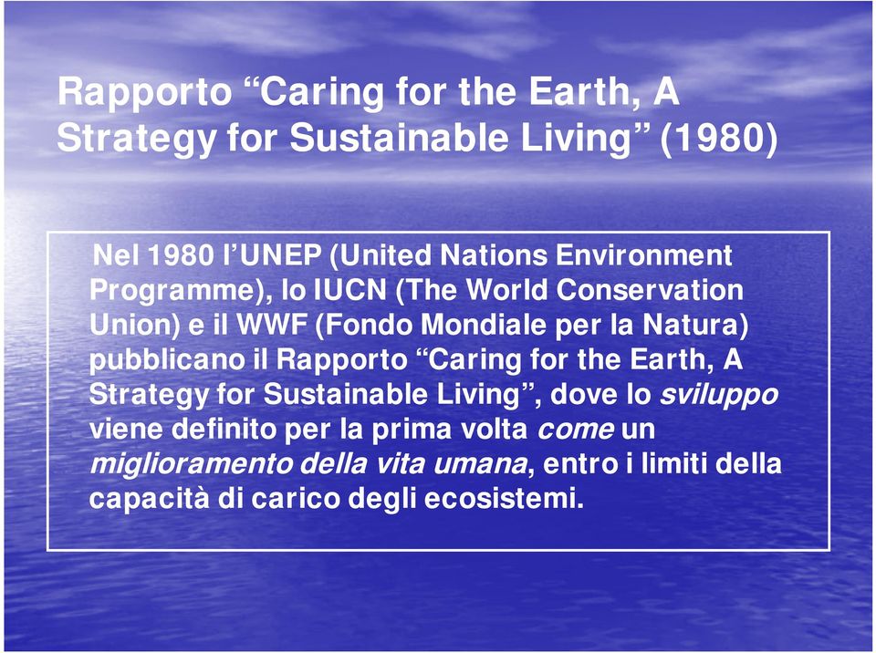 pubblicano il Rapporto Caring for the Earth, A Strategy for Sustainable Living, dove lo sviluppo viene