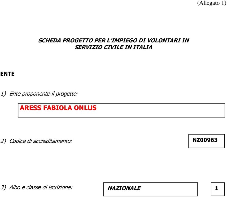 progetto: ARESS FABIOLA ONLUS 2) Codice di