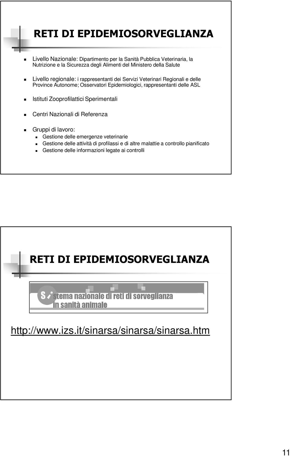 Istituti Zooprofilattici Sperimentali Centri Nazionali di Referenza Gruppi di lavoro: Gestione delle emergenze veterinarie Gestione delle attività di profilassi