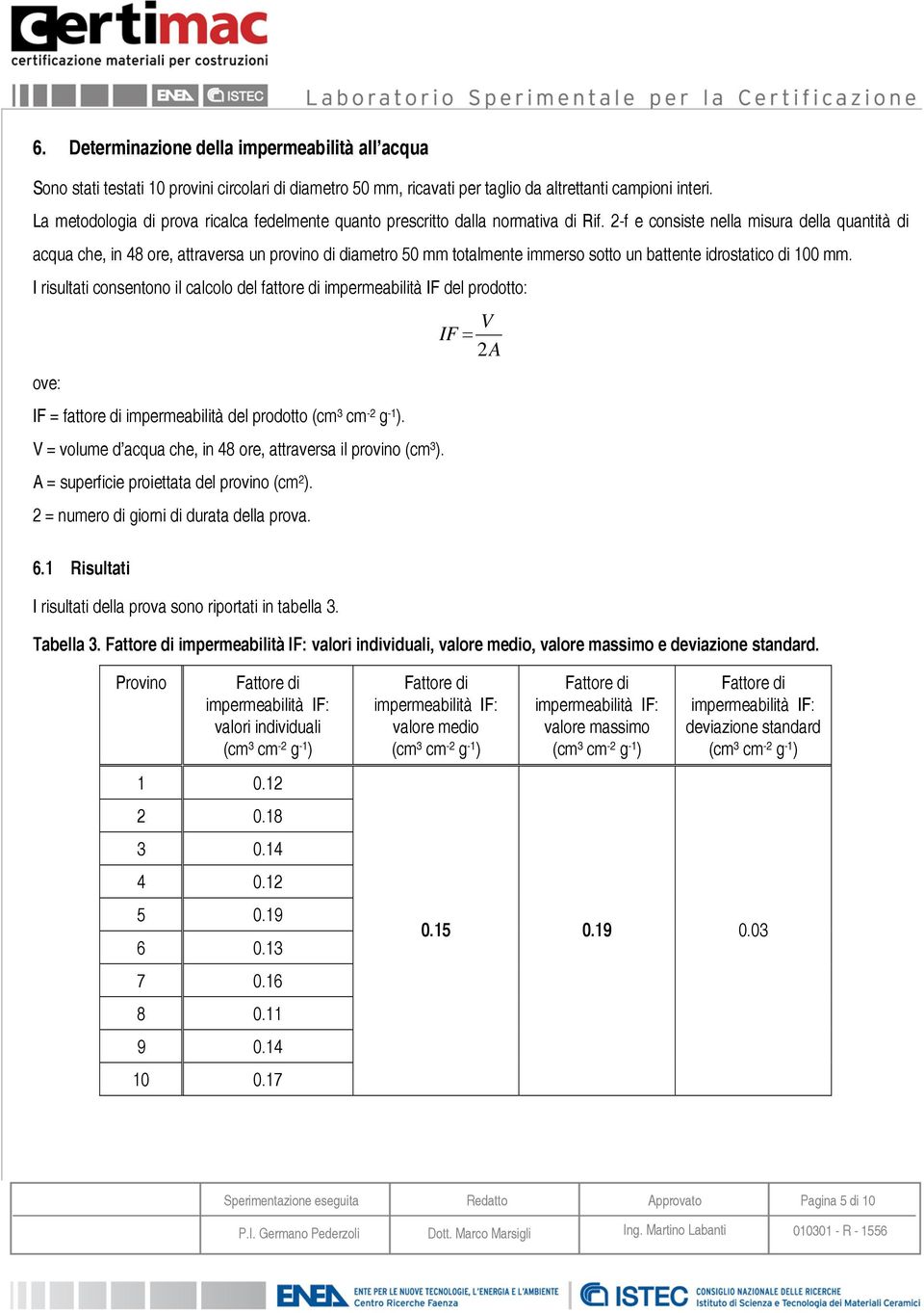 2-f e consiste nella misura della quantità di acqua che, in 48 ore, attraversa un provino di diametro 50 mm totalmente immerso sotto un battente idrostatico di 100 mm.