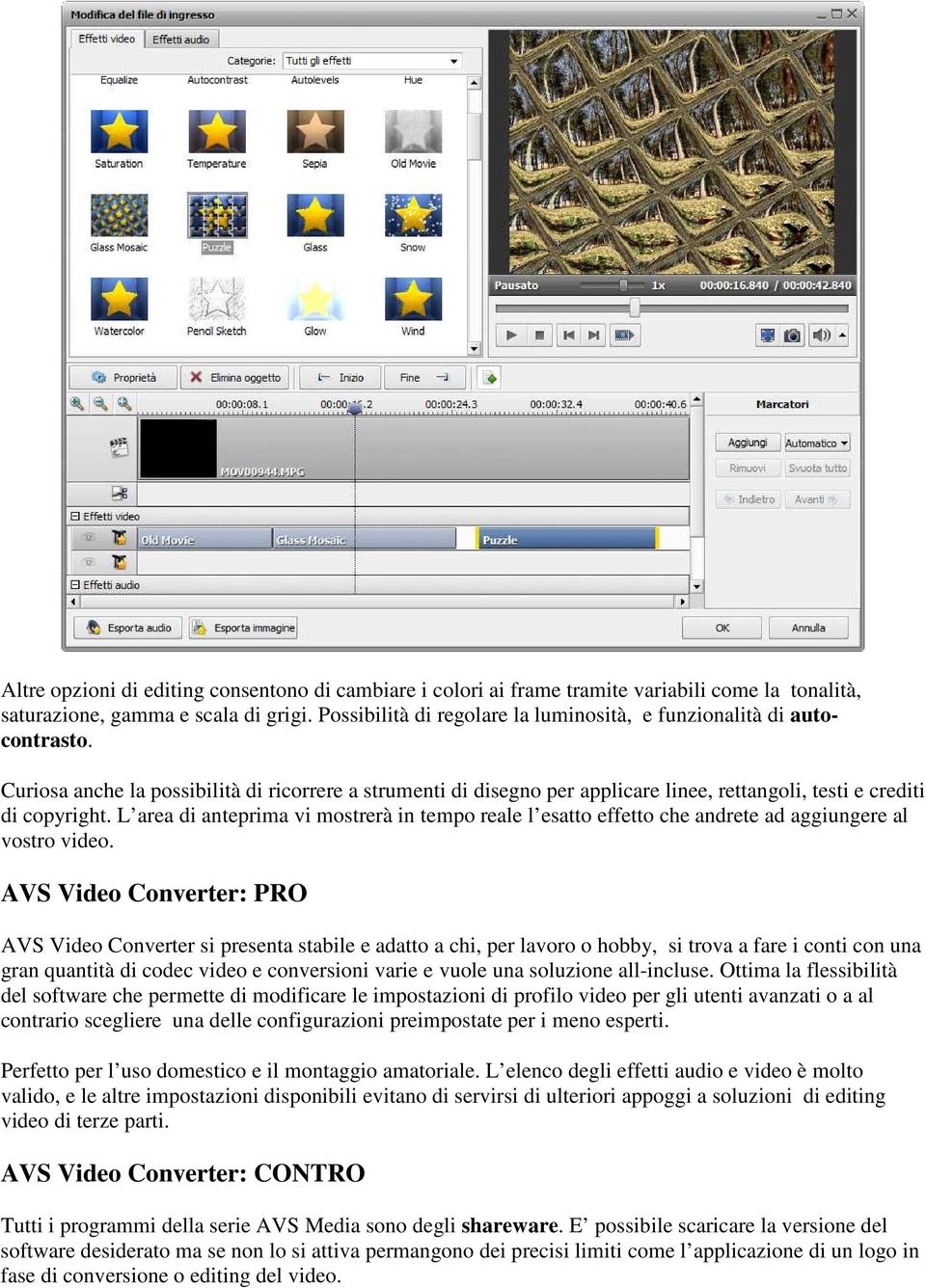 L area di anteprima vi mostrerà in tempo reale l esatto effetto che andrete ad aggiungere al vostro video.