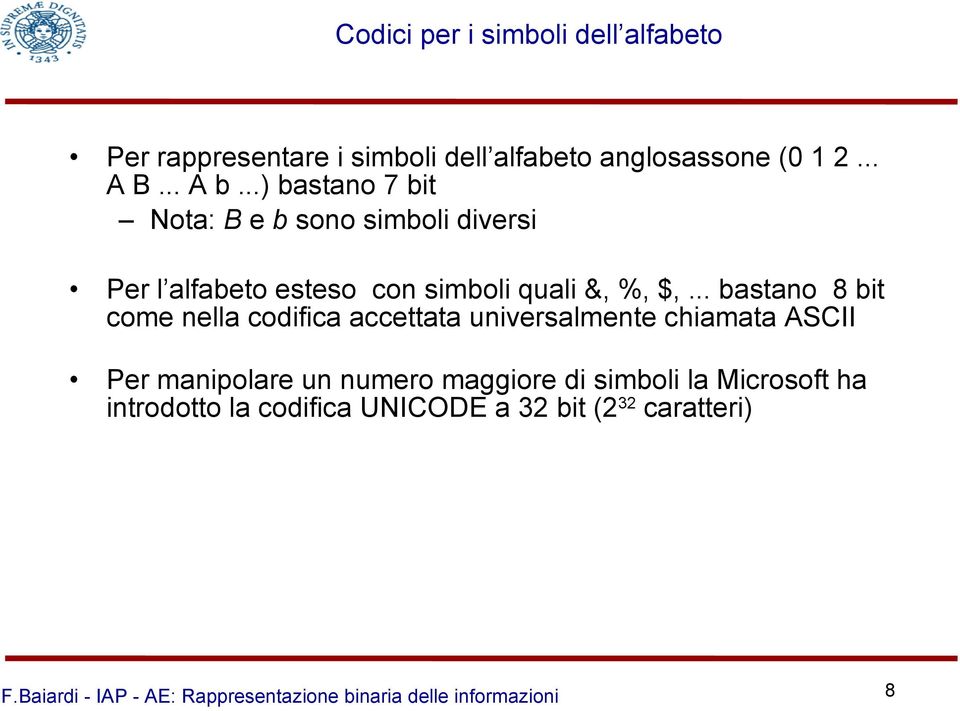 ..) bastano 7 bit Nota: B e b sono simboli diversi Per l alfabeto esteso con simboli quali &, %, $,.