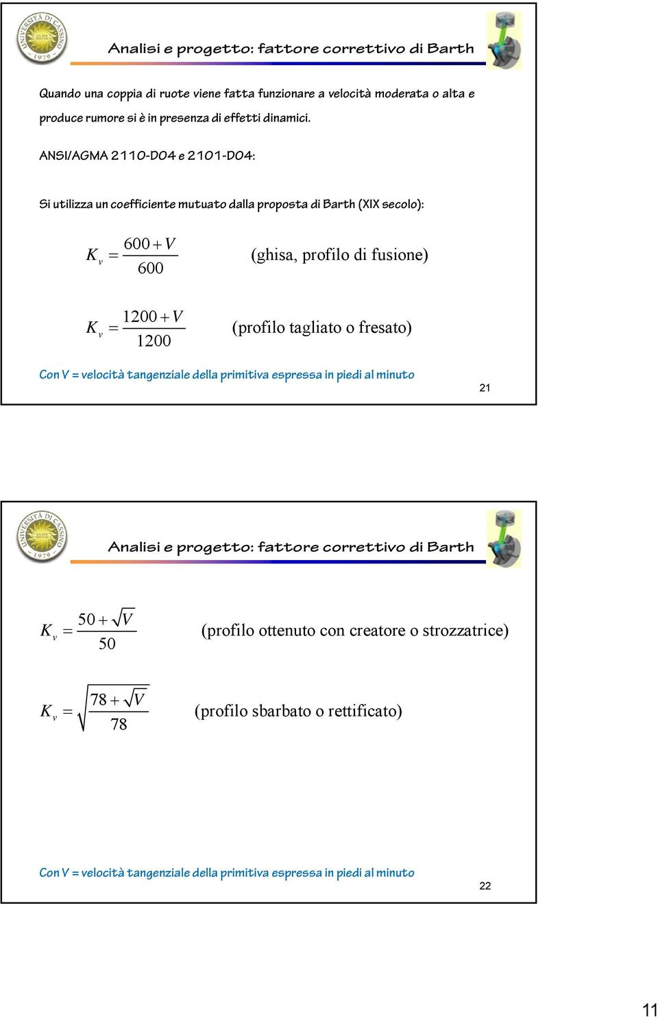 ANSI/AGMA 2110-D04 e 2101-D04: Si utilizza un coefficiente mutuato dalla proposta di Barth (XIX secolo): K v 600 V 600 (ghisa, profilo di fusione) K v 1200 V 1200