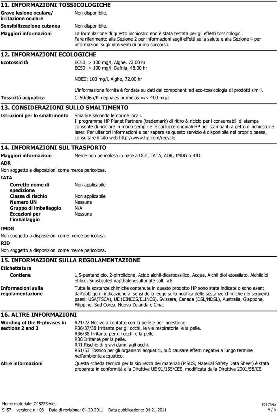 Fare riferimento alla Sezione 2 per informazioni sugli effetti sulla salute e alla Sezione 4 per informazioni sugli interventi di primo soccorso. EC50: > 100 mg/l, Alghe, 72.