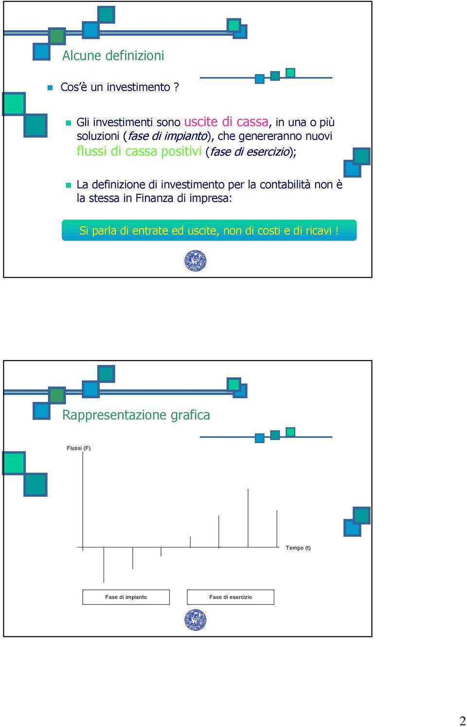 flussi di cassa positivi (fase di esercizio); La definizione di investimento per la contabilità non è la