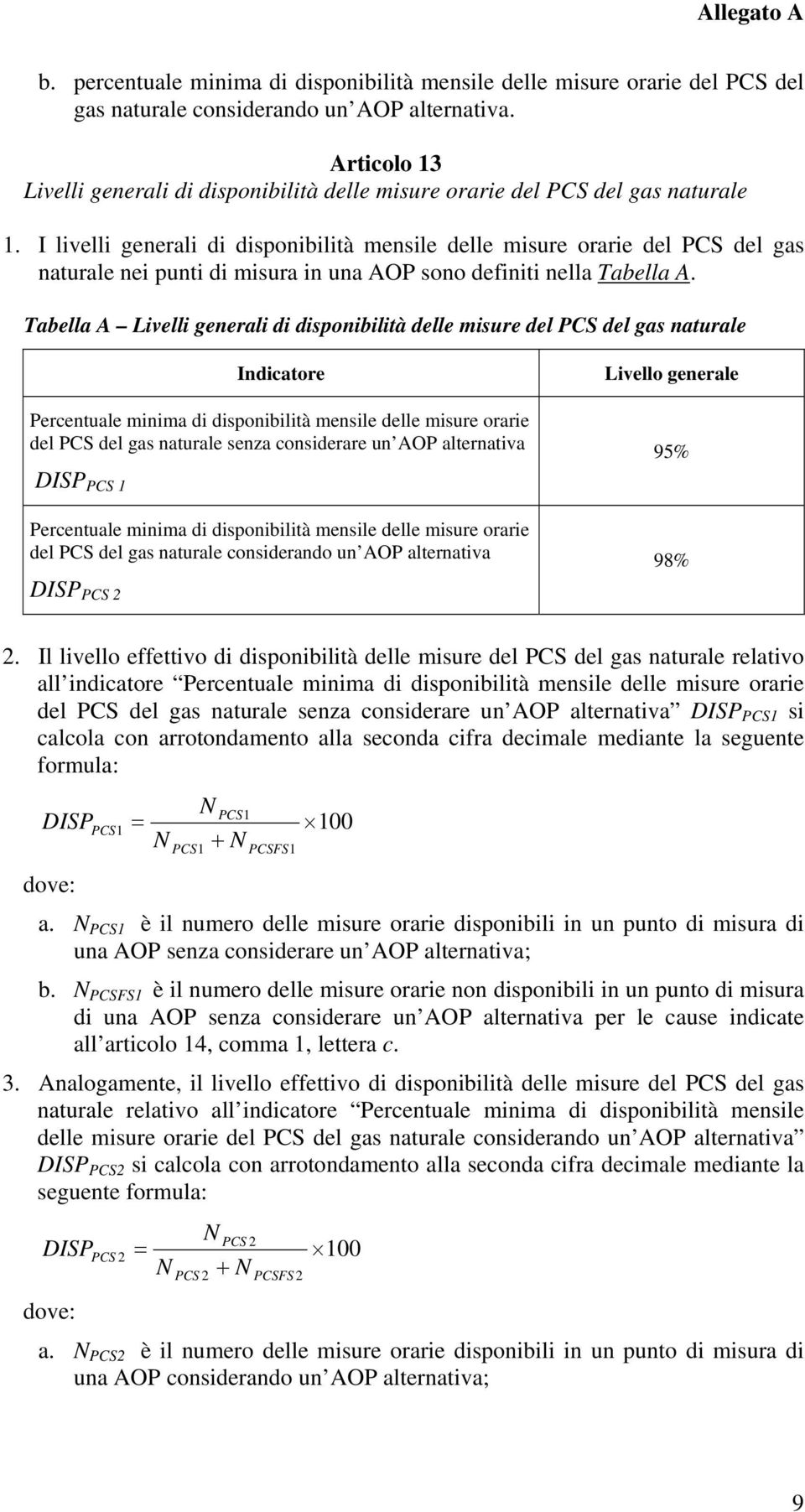 I livelli generali di disponibilità mensile delle misure orarie del PCS del gas naturale nei punti di misura in una AOP sono definiti nella Tabella A.