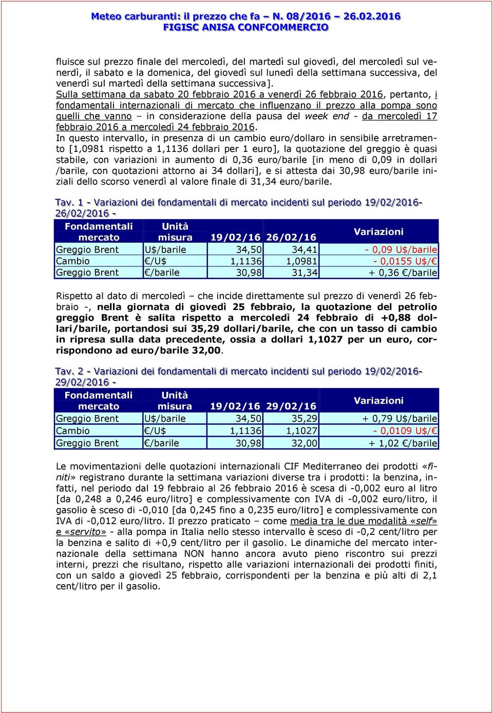 Sulla settimana da sabato 20 febbraio 2016 a venerdì 26 febbraio 2016, pertanto, i fondamentali internazionali di mercato che influenzano il prezzo alla pompa sono quelli che vanno in considerazione