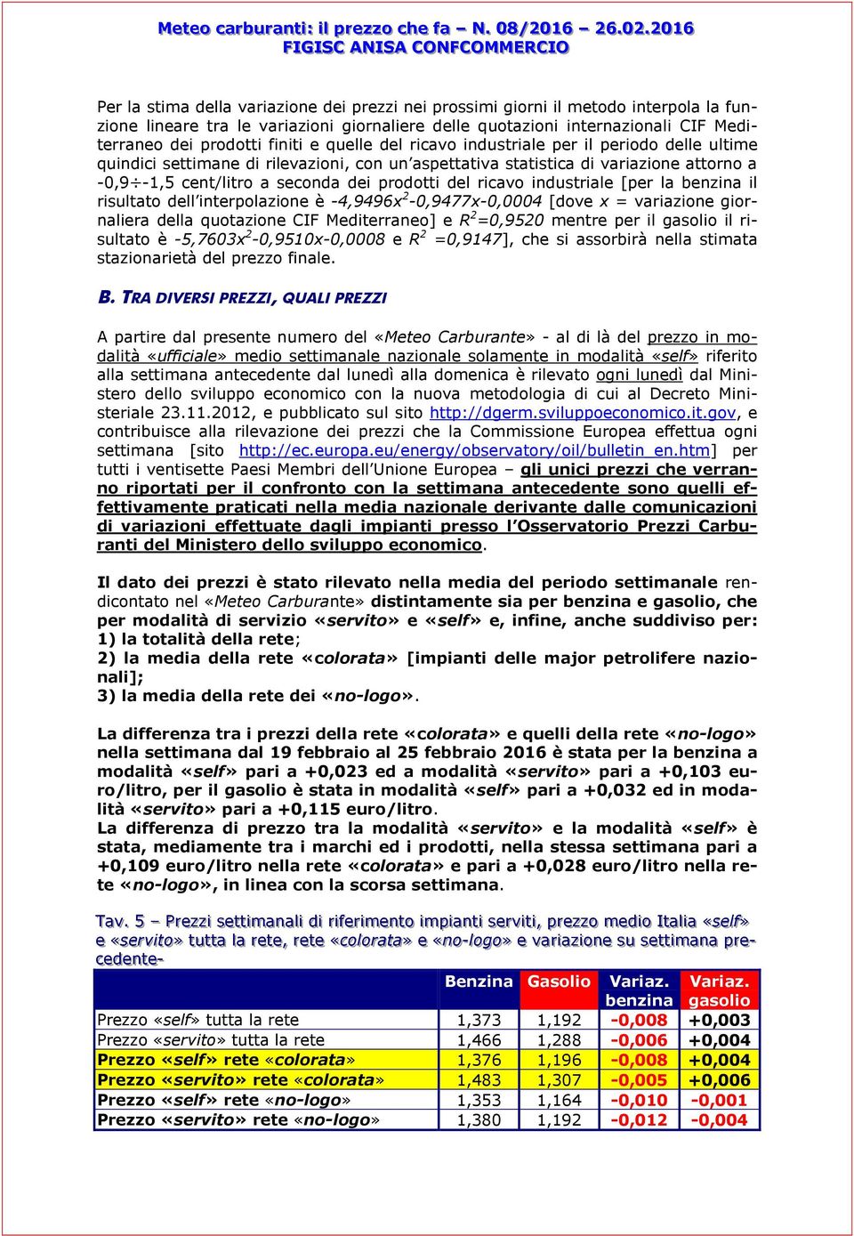 ricavo industriale [per la benzina il risultato dell interpolazione è -4,9496x 2-0,9477x-0,0004 [dove x = variazione giornaliera della quotazione CIF Mediterraneo] e R 2 =0,9520 mentre per il gasolio