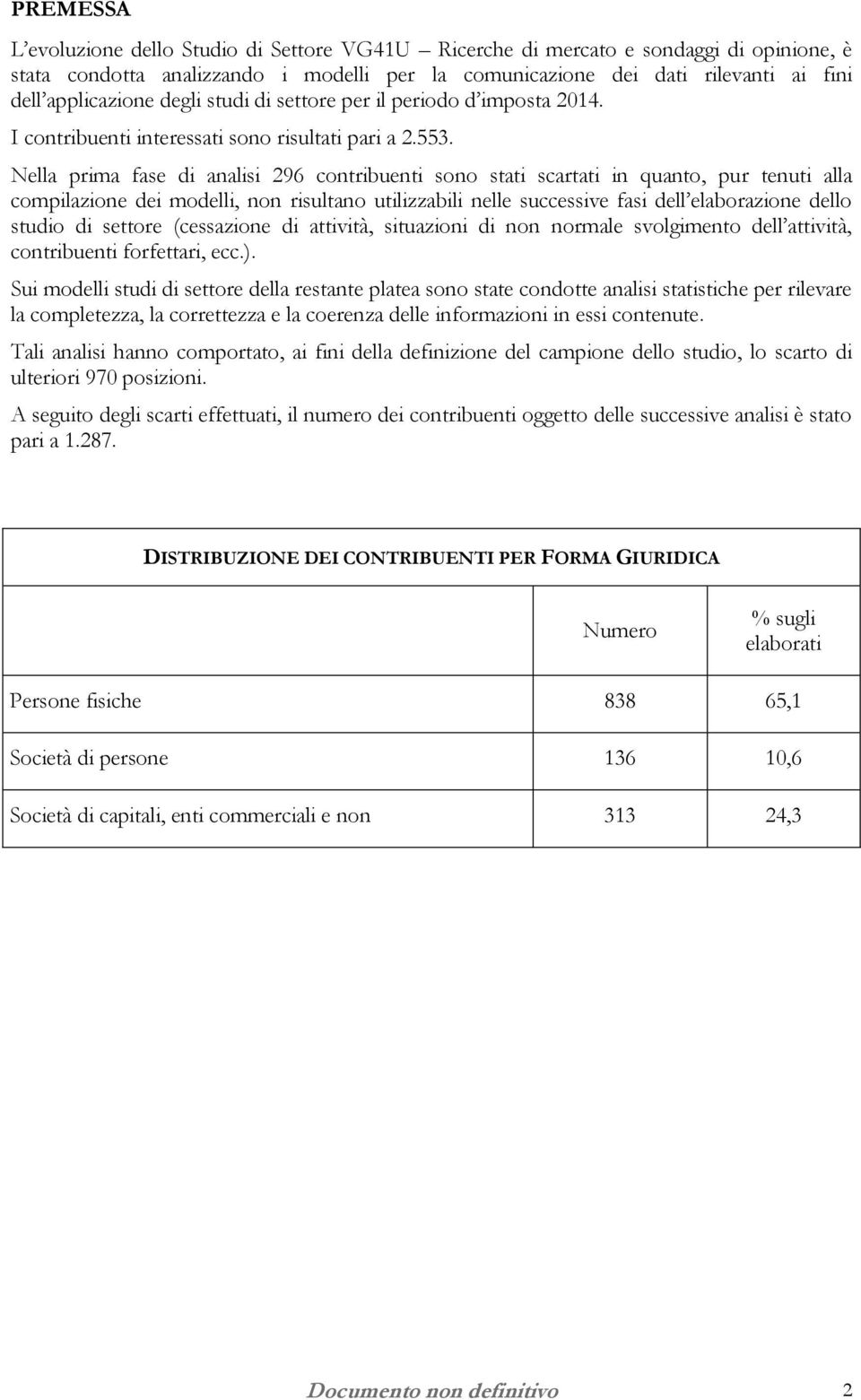 Nella prima fase di analisi 296 contribuenti sono stati scartati in quanto, pur tenuti alla compilazione dei modelli, non risultano utilizzabili nelle successive fasi dell elaborazione dello studio