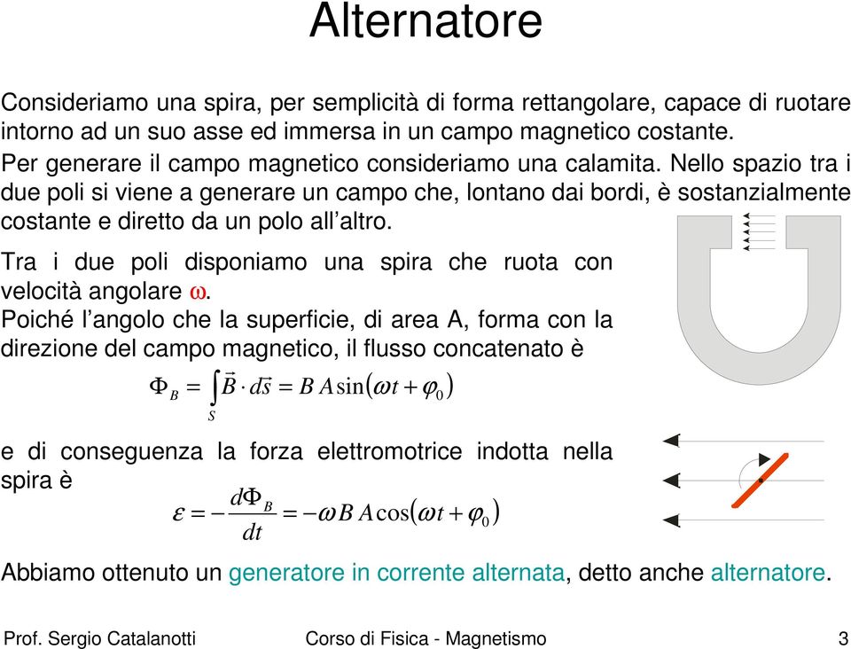 Tra i due poli disponiamo una spira che ruota con velocità angolare ω.