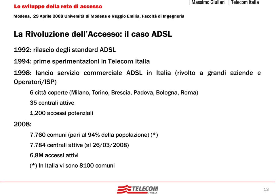 coperte (Milano, Torino, Brescia, Padova, Bologna, Roma) 35 centrali attive 1.200 accessi potenziali 7.