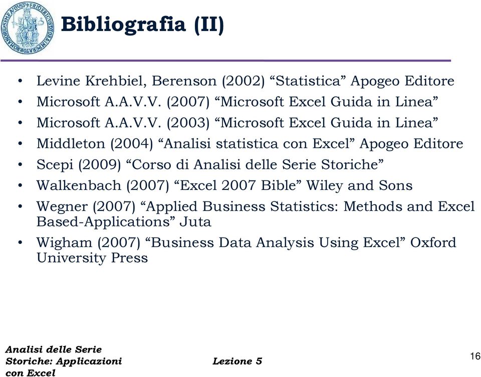 Analisi statistica Apogeo Editore Scepi (2009) Corso di Storiche Walkenbach (2007) Excel 2007 Bible Wiley and Sons