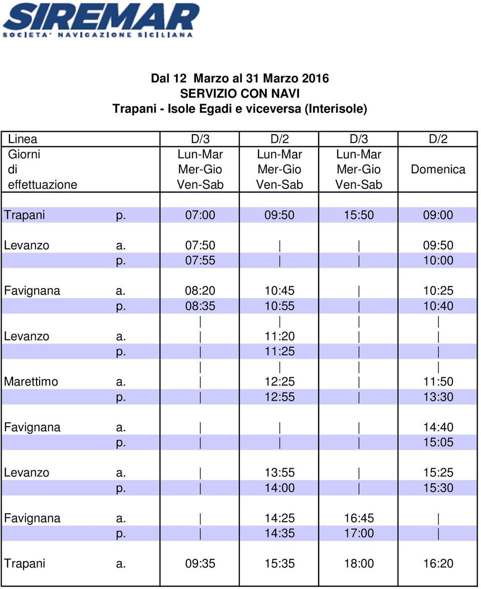 07:55 10:00 Favignana a. 08:20 10:45 10:25 p. 08:35 10:55 10:40 Levanzo a. 11:20 p. 11:25 Marettimo a. 12:25 11:50 p.