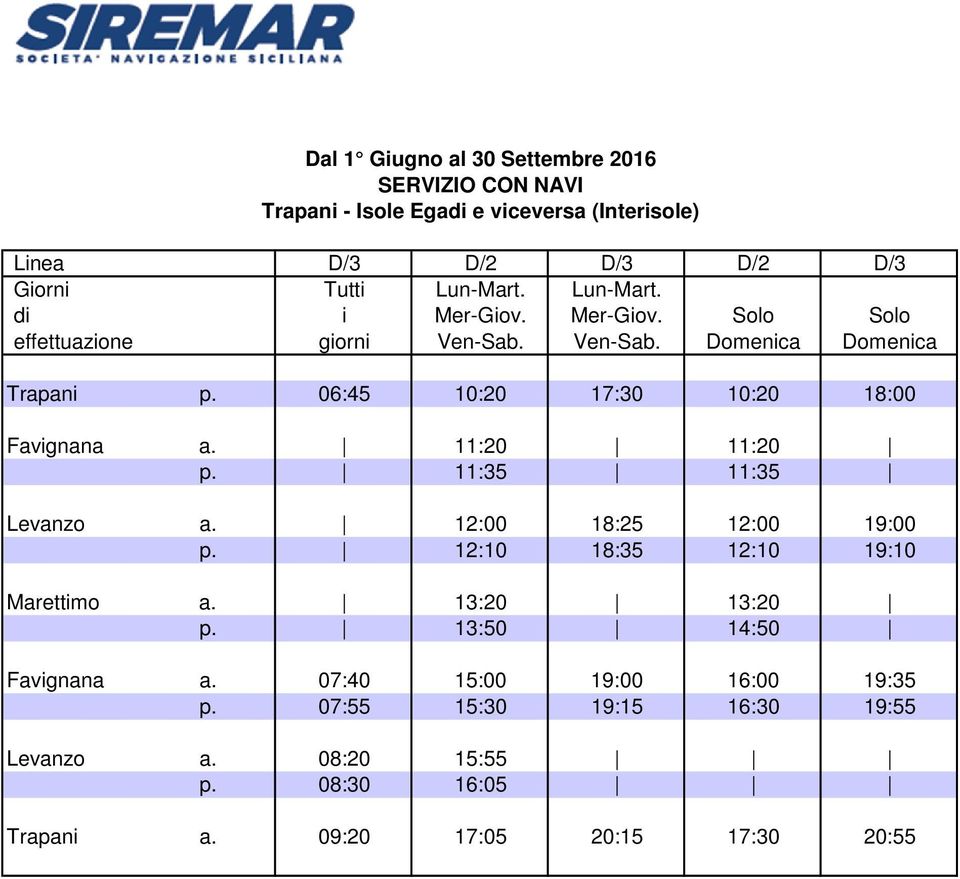 06:45 10:20 17:30 10:20 18:00 Favignana a. 11:20 11:20 p. 11:35 11:35 Levanzo a. 12:00 18:25 12:00 19:00 p.