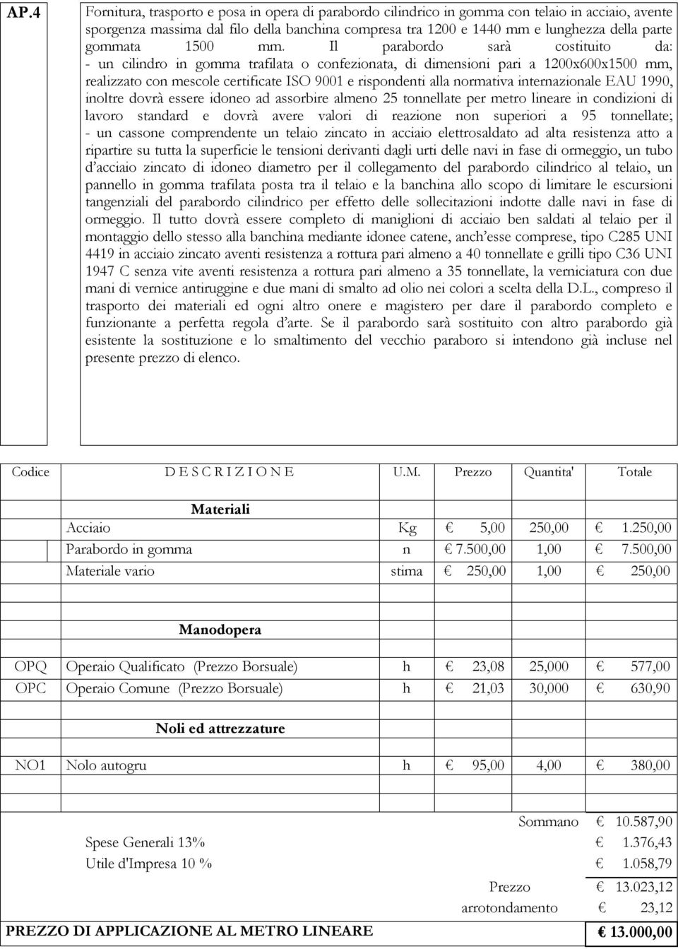 Il parabordo sarà costituito da: - un cilindro in gomma trafilata o confezionata, di dimensioni pari a 1200x600x1500 mm, realizzato con mescole certificate ISO 9001 e rispondenti alla normativa