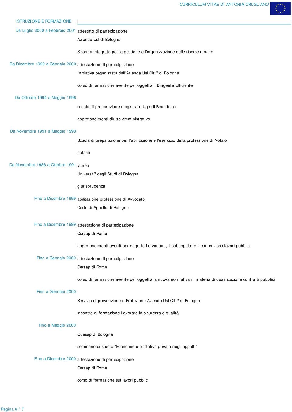 di Bologna corso di formazione avente per oggetto il Dirigente Efficiente Da Ottobre 1994 a Maggio 1996 scuola di preparazione magistrato Ugo di Benedetto approfondimenti diritto amministrativo Da