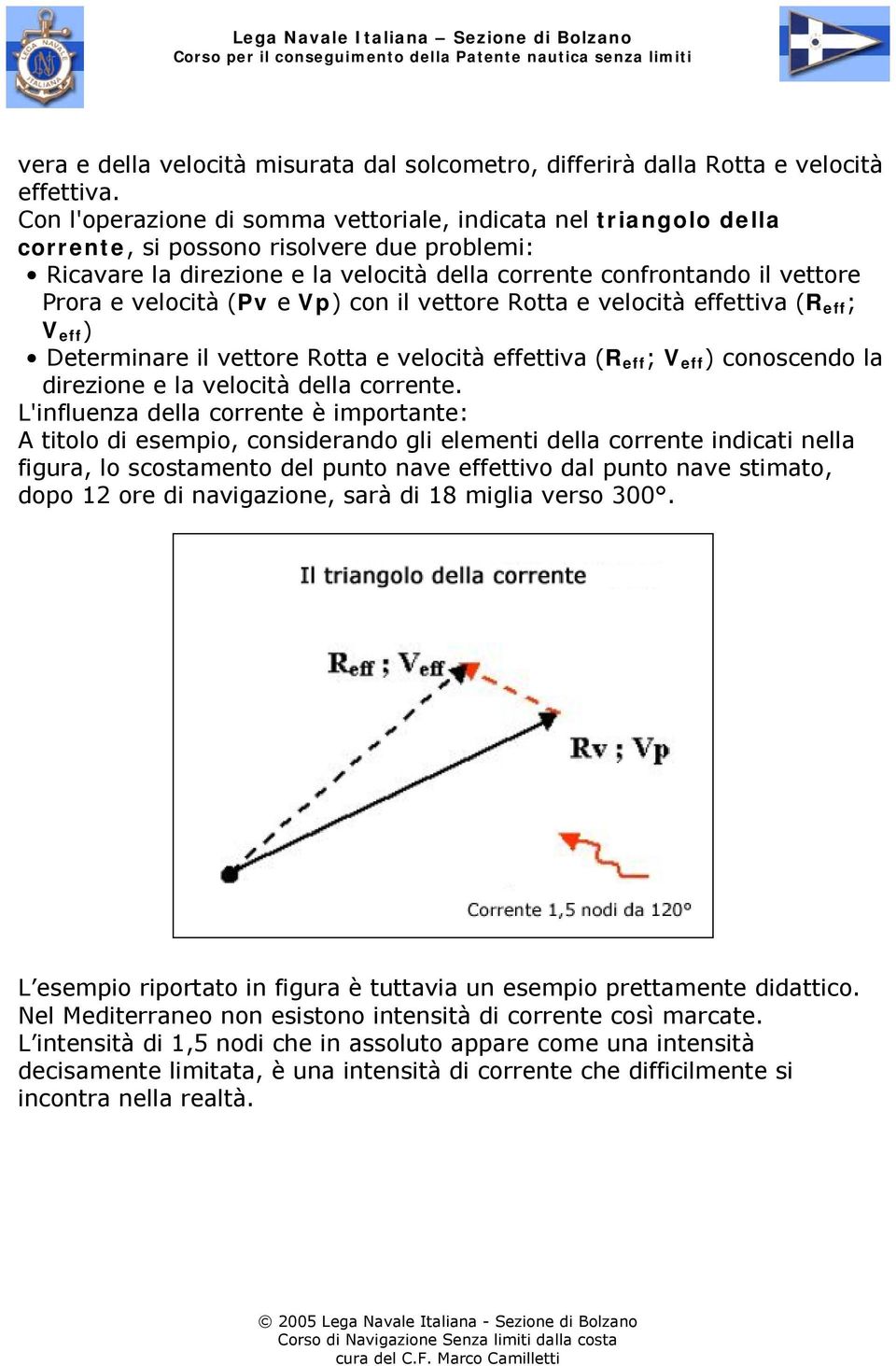 velocità (Pv e Vp) con il vettore Rotta e velocità effettiva (R eff ; V eff ) Determinare il vettore Rotta e velocità effettiva (R eff ; V eff ) conoscendo la direzione e la velocità della corrente.