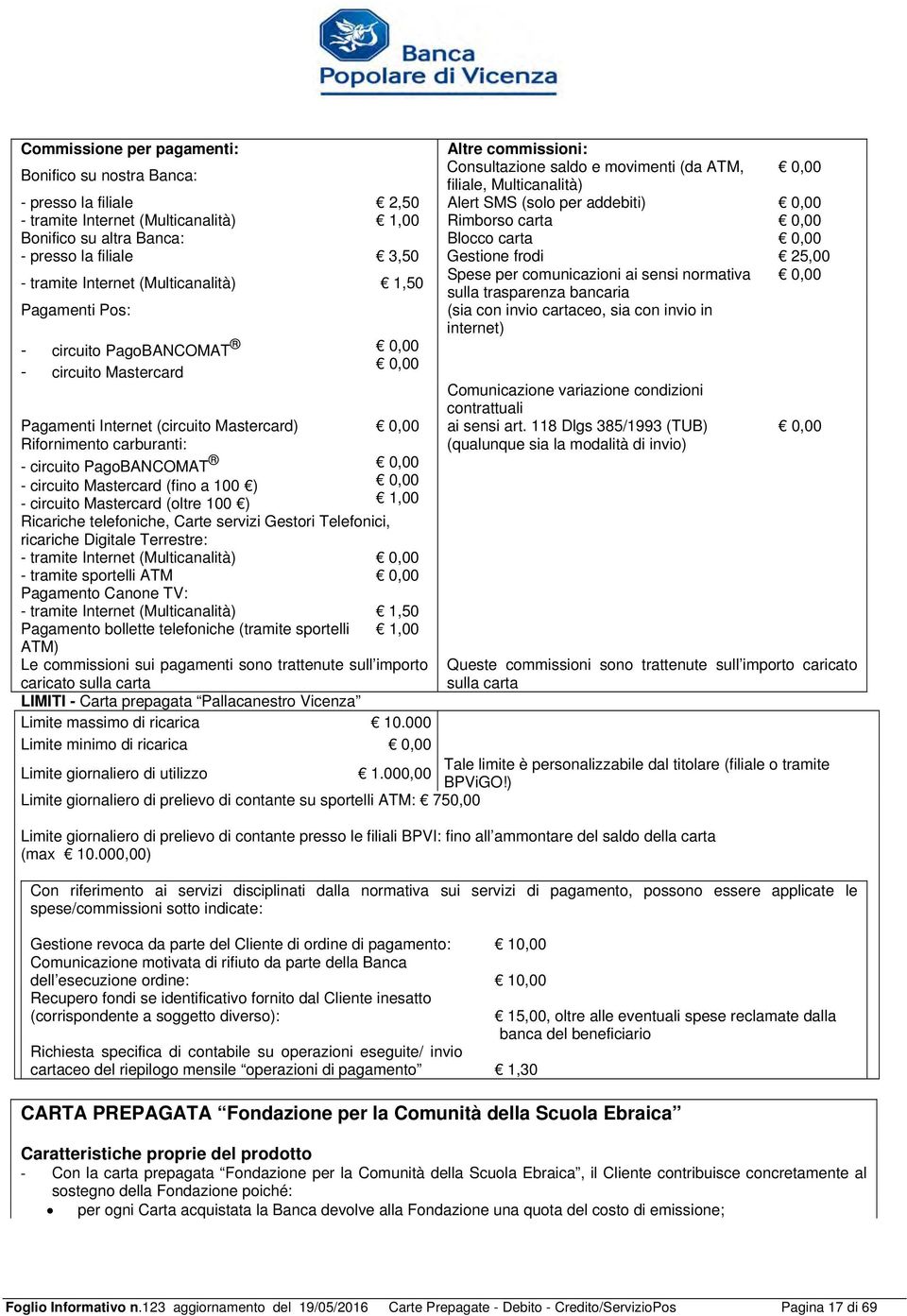 bancaria Pagamenti Pos: (sia con invio cartaceo, sia con invio in internet) - circuito PagoBANCOMAT - circuito Mastercard Comunicazione variazione condizioni contrattuali Pagamenti Internet (circuito