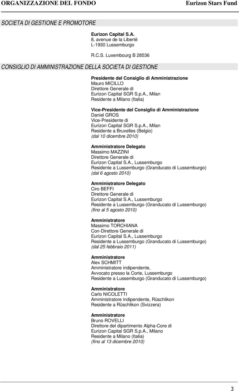 p.A., Milan Residente a Milano (Italia) Vice-Presidente del Consiglio di Amministrazione Daniel GROS Vice-Presidente di Eurizon Capital SGR S.p.A., Milan Residente a Bruxelles (Belgio) (dal 10 dicembre 2010) Amministratore Delegato Massimo MAZZINI Direttore Generale di Eurizon Capital S.