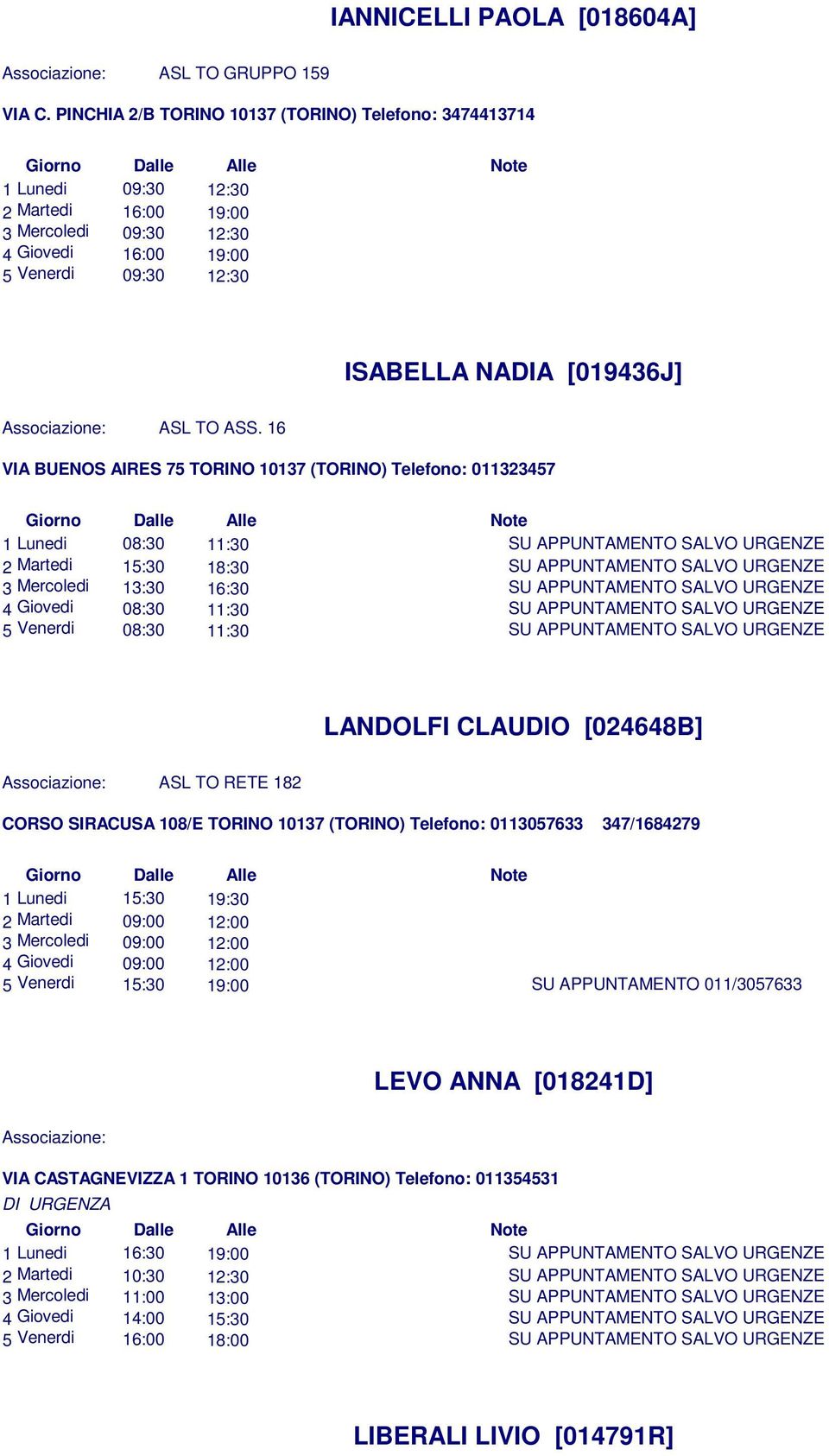 ASS. 16 VIA BUENOS AIRES 75 TORINO 10137 (TORINO) Telefono: 011323457 1 Lunedi 08:30 11:30 2 Martedi 15:30 18:30 3 Mercoledi 13:30 16:30 4 Giovedi 08:30 11:30 5 Venerdi 08:30 11:30 LANDOLFI CLAUDIO